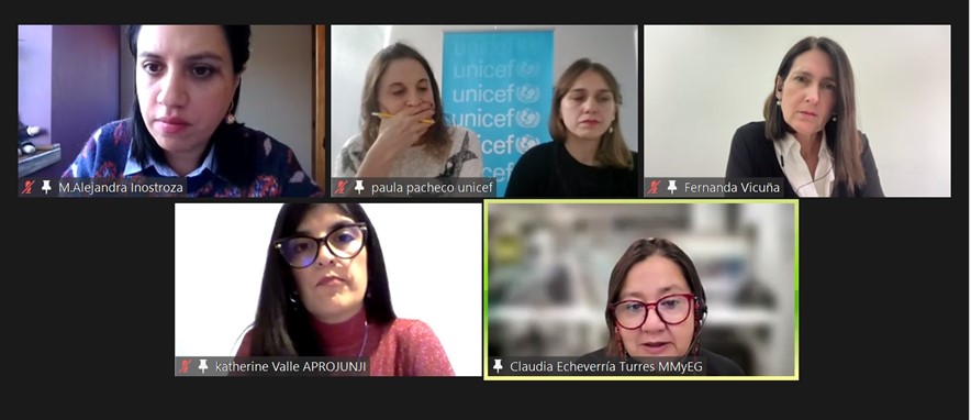 Imagen del Zoom de la 2° Versión Reflexiones Laborales. Se ven a moderadora y ponentes.
